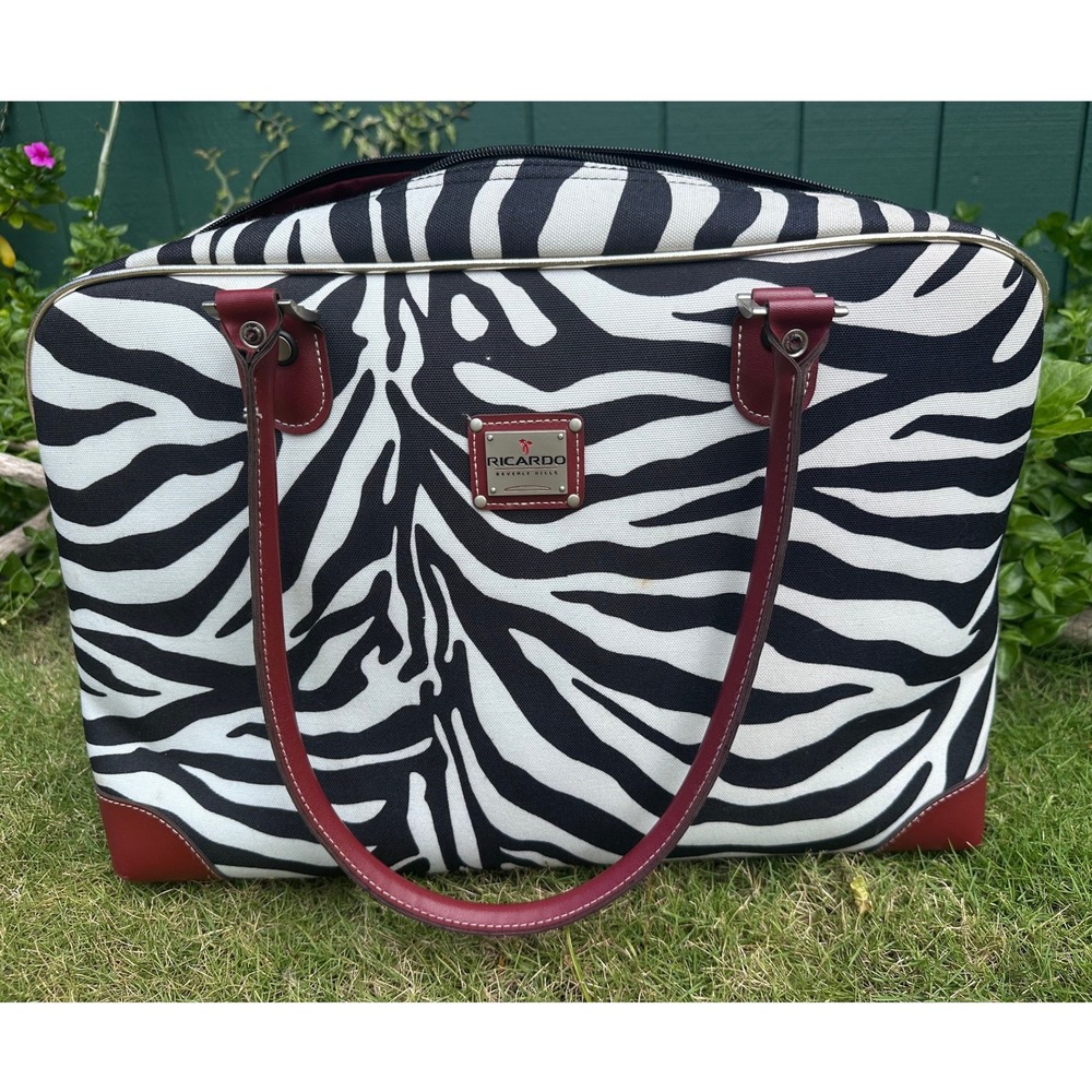 Ricardo Beverly Hills Zebra Print Canvas Carry On Tote Bag Burgundy Trim Travel